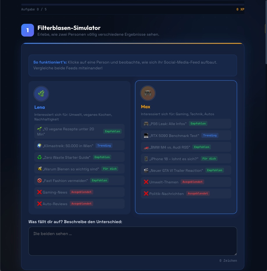 Filter Bubble Simulator side-by-side comparison