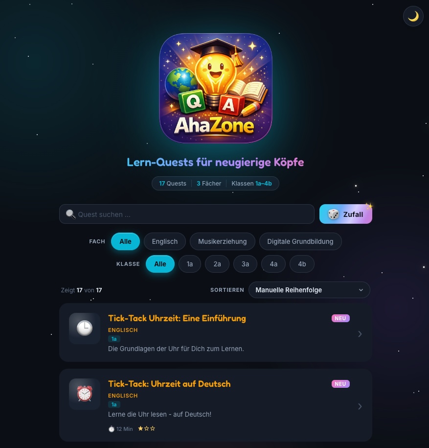 AhaZone landing page with quiz catalogue